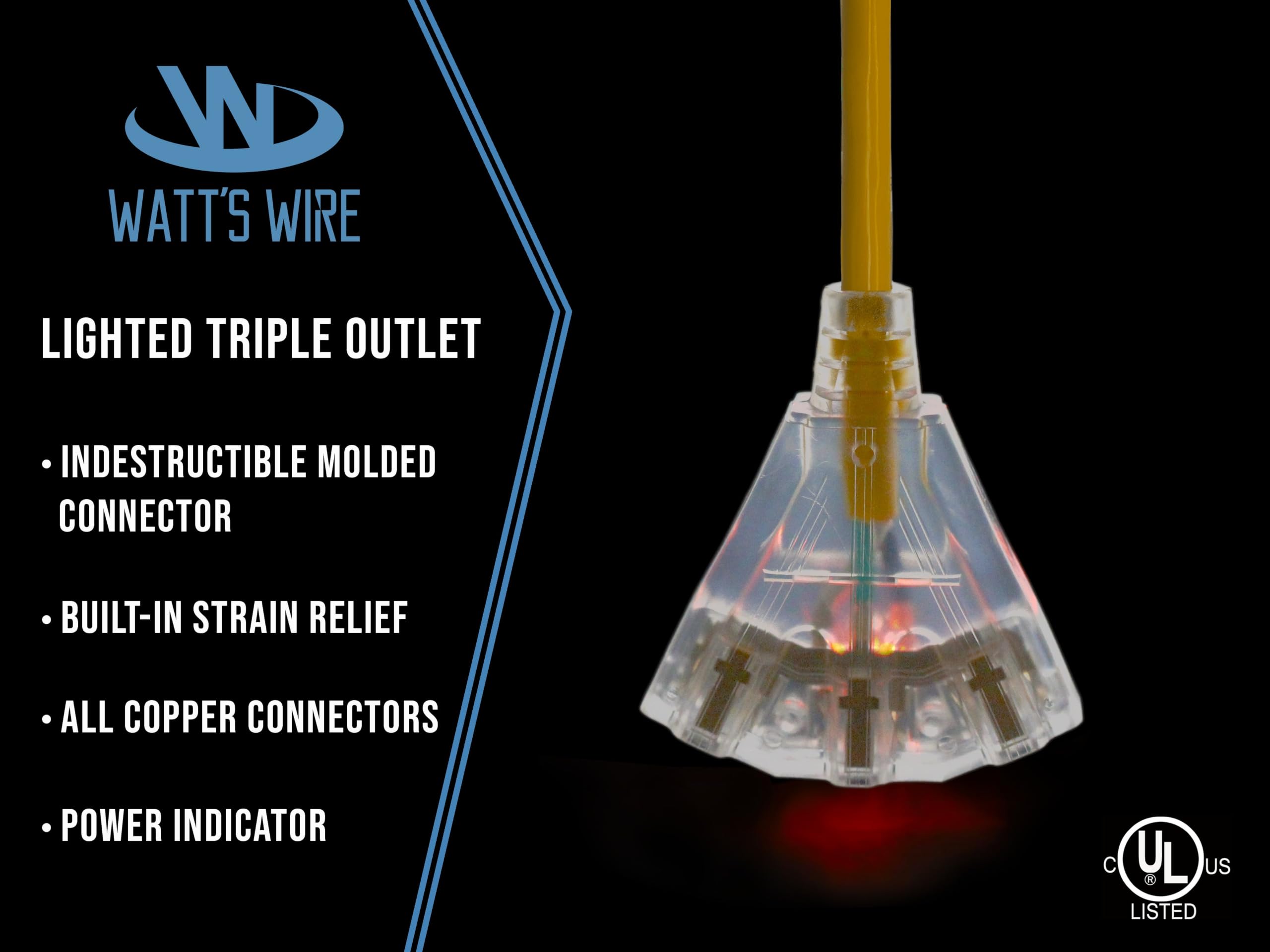 Watt's Wire Heavy Duty Outdoor Verlängerungskabel | Netzkabel Multi-Stecker mit beleuchteter Steckdose | SJTW Indoor / Outdoor Gelb | 4,5 m 12 AWG 15 Amp Verlängerungskabel – 4,6 m