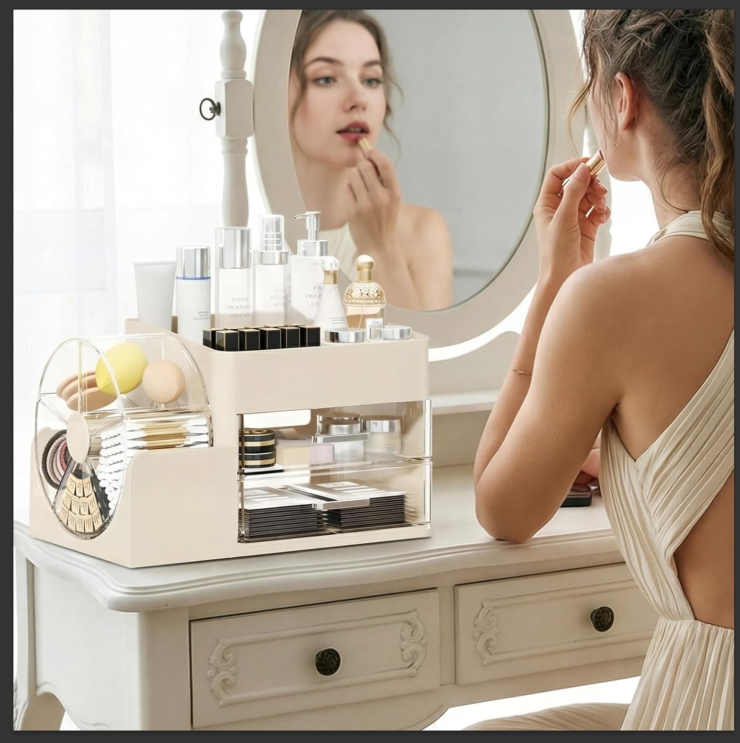 Makeup Organizer with Large Capacity,Stain-ResistantRotating Clear Compartment and 2 Drawers for Cosmetics and Skincare Storage – Vanity Countertop Organizer for Bathroom and Bedroom (All Cream)