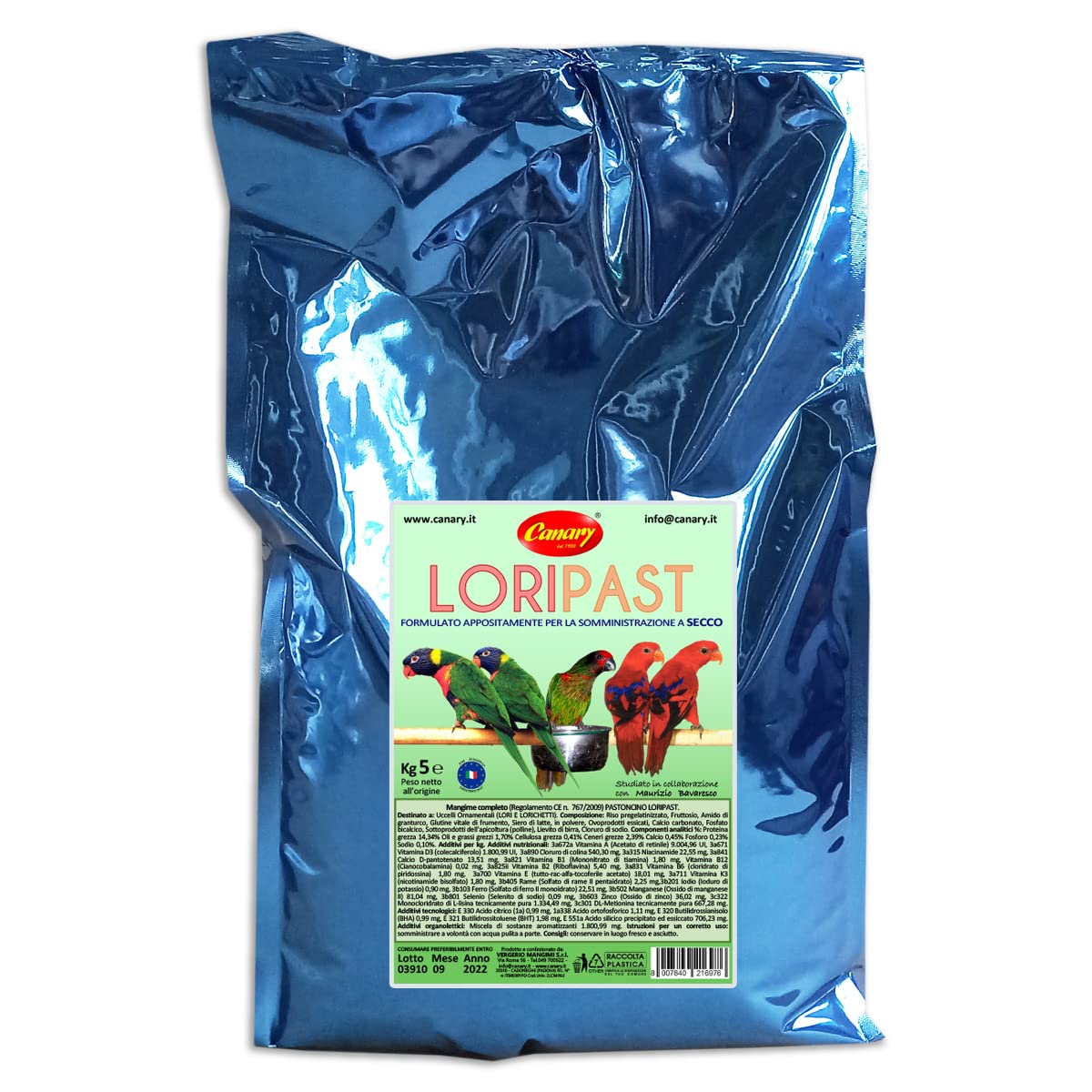 Canary Loripast 5kg, mangime per lorichetti e pappagalli, pastoncino in farina per lori, alimento completo per alimentazione a secco, confezione da 5Kg.