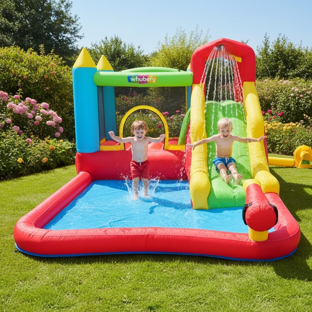 DREAMVAN Inflatable Bounce House with Blower, Bouncy Castle/Waterslide & Pool for Wet Dry Combo, Fun Bounce Area with Basketball Hoop Jumping Castle for Kids 3-10 Backyard