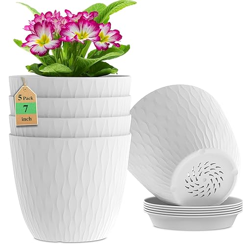7 inch Plant Pots, 5 Pack with Drainage Holes and Saucers 