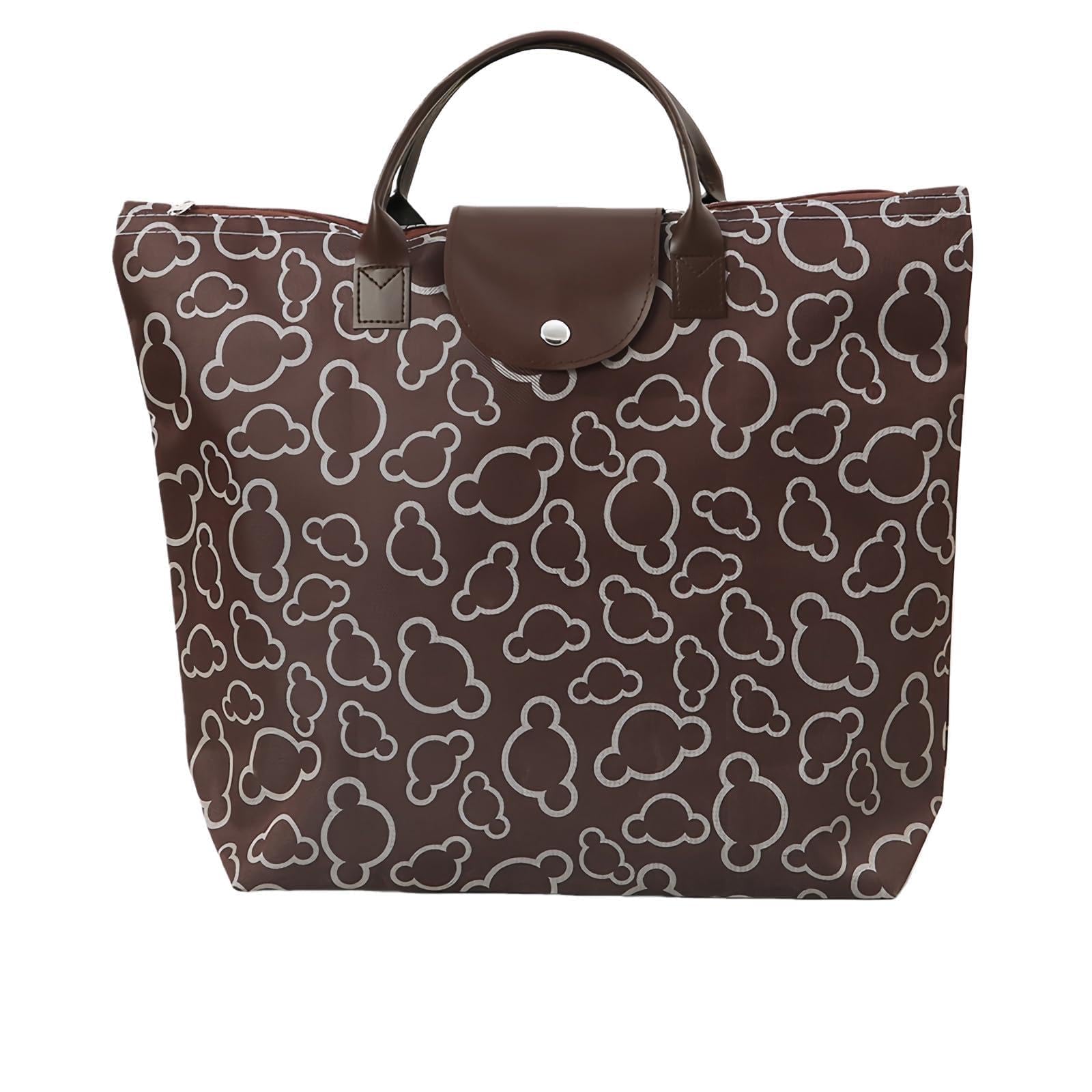 NIFTYY Foldable Zipper Tote Bag for Women – Waterproof Reusable Shopping Bag, Portable Travel Beach Gym Bag with Pocket, Compact Foldable Handbag for Grocery, Travel, Holiday, Pool (coffee color)