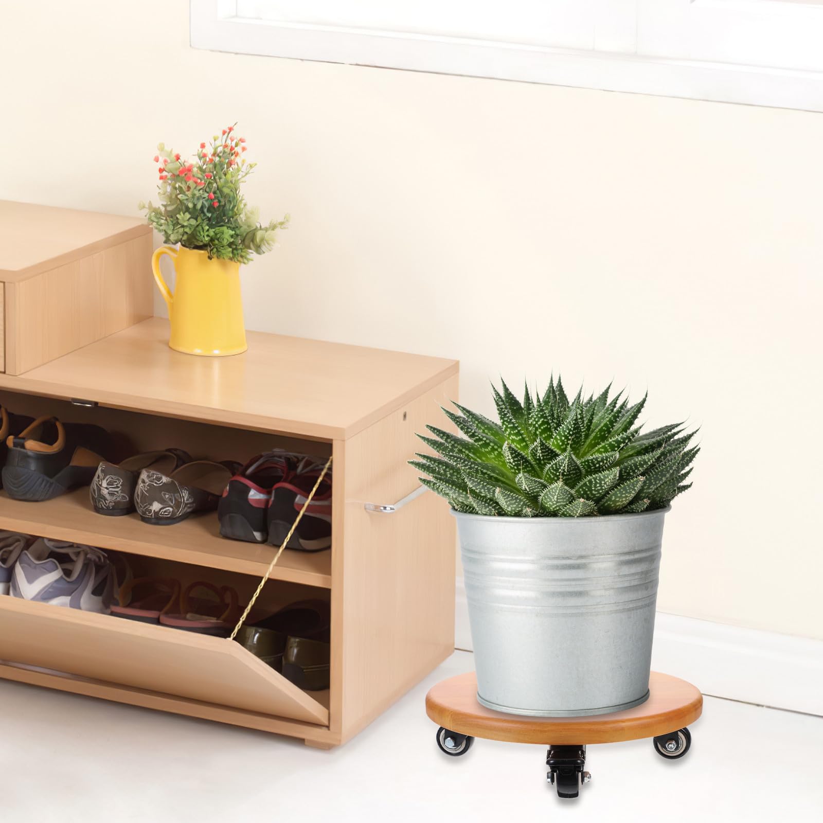 Carrello per Piante con Ruote, Sottovaso Rotondo 28cm in Legno