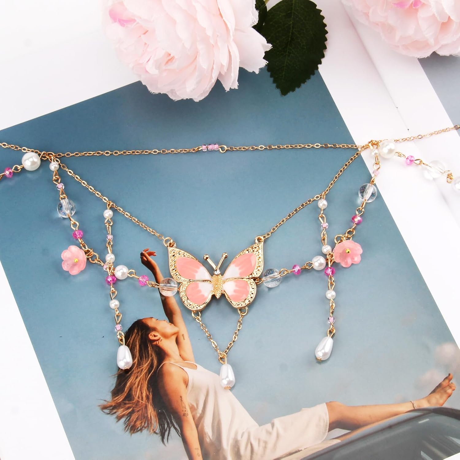 Butterfly Necklace for Women,Pink Tassel Butterfly Choker Necklaces,Layered Crystal Pearl Necklace,Fairy Jewelry,Elegant Jewelry Gifts for Women - Image 4