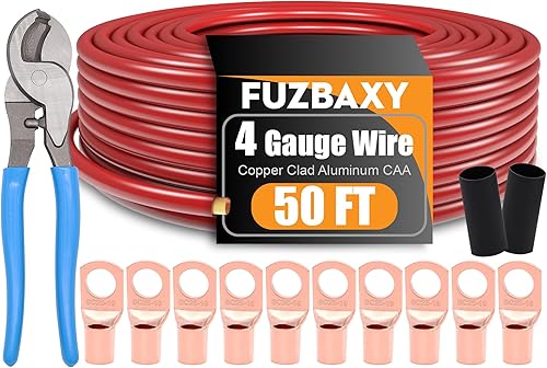 Cable de calibre 4 (50 pies rojo) de aluminio revestido de cobre CCA Alimentacióntierra de cable automotriz primario, 20 conectores de terminal de