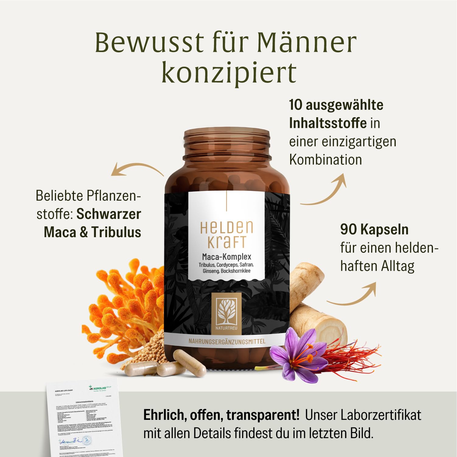 Maca Kapseln hochdosiert - Maca Extrakt mit Tribulus terrestris, Cordyceps, Bockshornklee, Zink, Ginseng, Safran, Selen - 90 Kapsel - Vegan