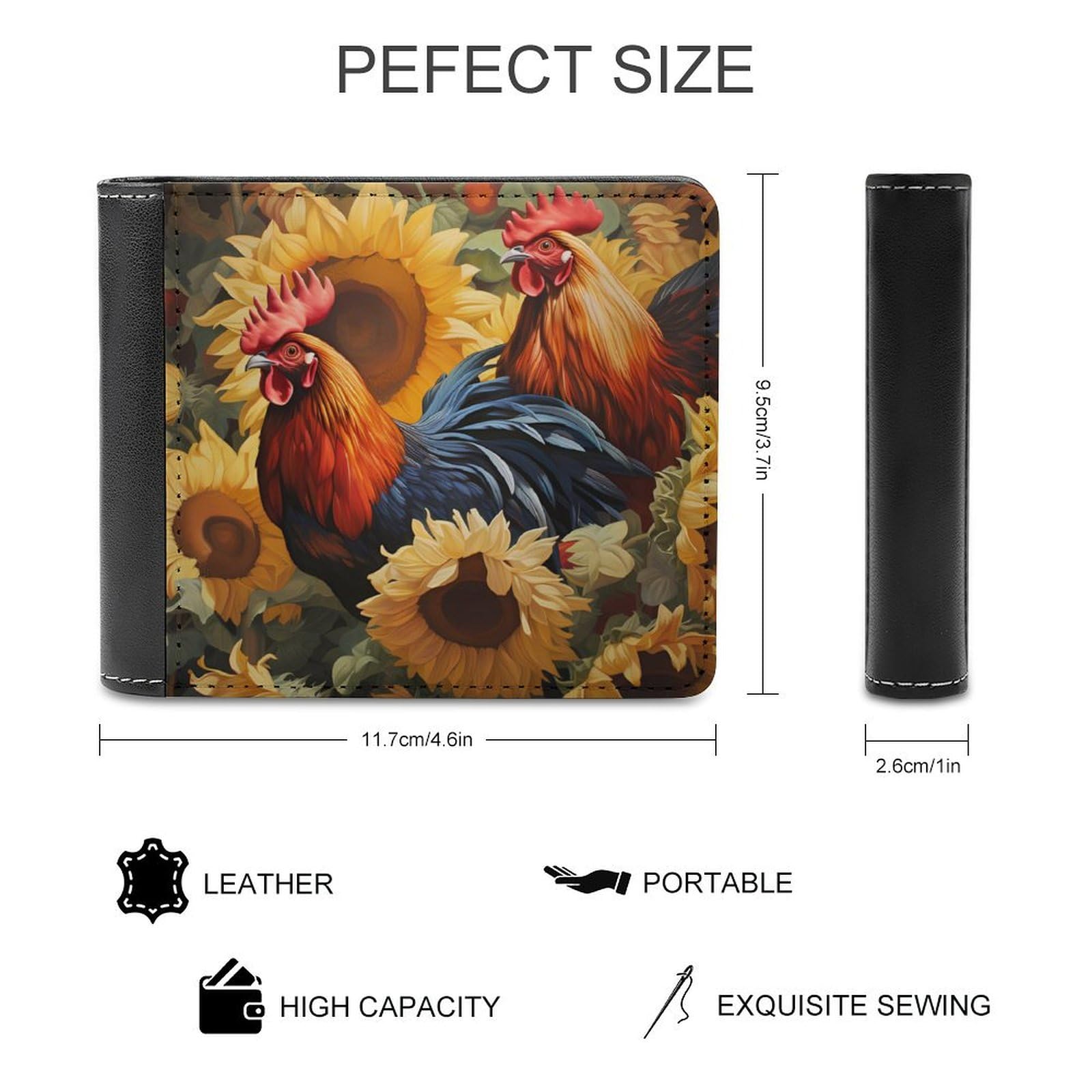 Roosters Sunflowers Farmhouse Funny Billfold Wallet Credit Card Holder Slim Passcase Pouch Purse for Men Women