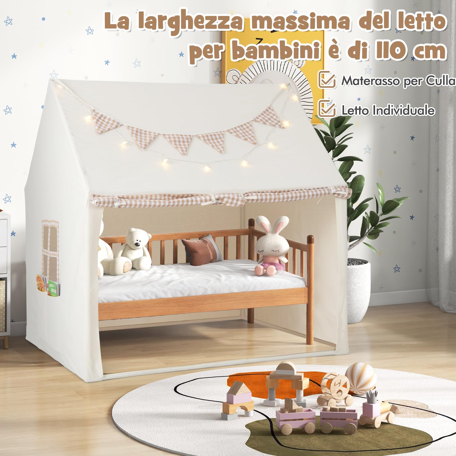 GYMAX Grande Casa Tenda da Gioco, Tenda Casetta con Tappetino Imbottito, Luci a Stella e Bandierine, Tenda da Interna Esterna con Finestre, Porte e Tasche Portaoggetti, Regalo per Bambini 3-8 Anni