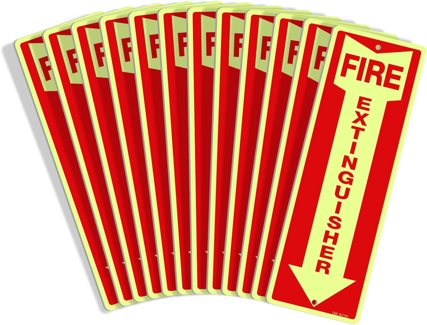 T&R Fire Extinguisher Metal Sign - 12 Pack - 12"x4" .040 Rust Free Heavy Aluminum Glow-In-The-Dark, Waterproof, Weatherproof and Fade Resistant, 2 pre-drilled holes, Easy to Install Indoors and Outdoors