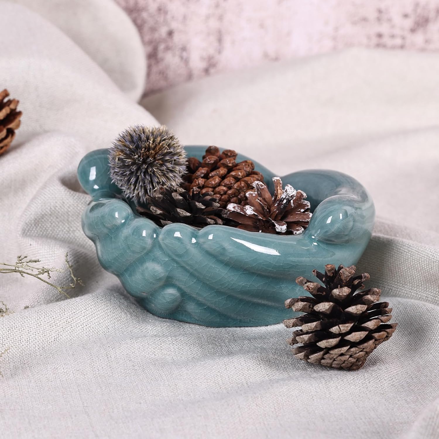 Ceramic Hands Bowl Dish Sculpture, Giving Hands Candy Holder for Succulent Planter, Crystal Rock Holder, Office, Keys Bowl for Entryway Table (Blue)