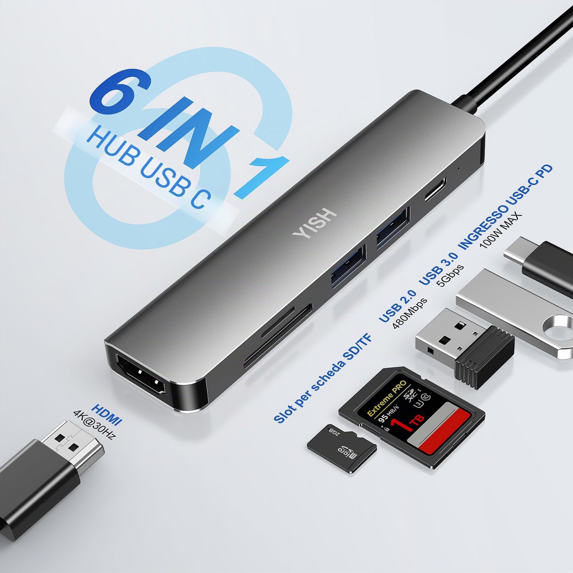 YISH Hub USB C 6-in-1: USB C Hub con PD100W,4K HDMI,2 x USB A,Lettore Schede SD/TF per Desktop, Laptop, Tastiere, Chiavette USB, HDD Mobile Grigio