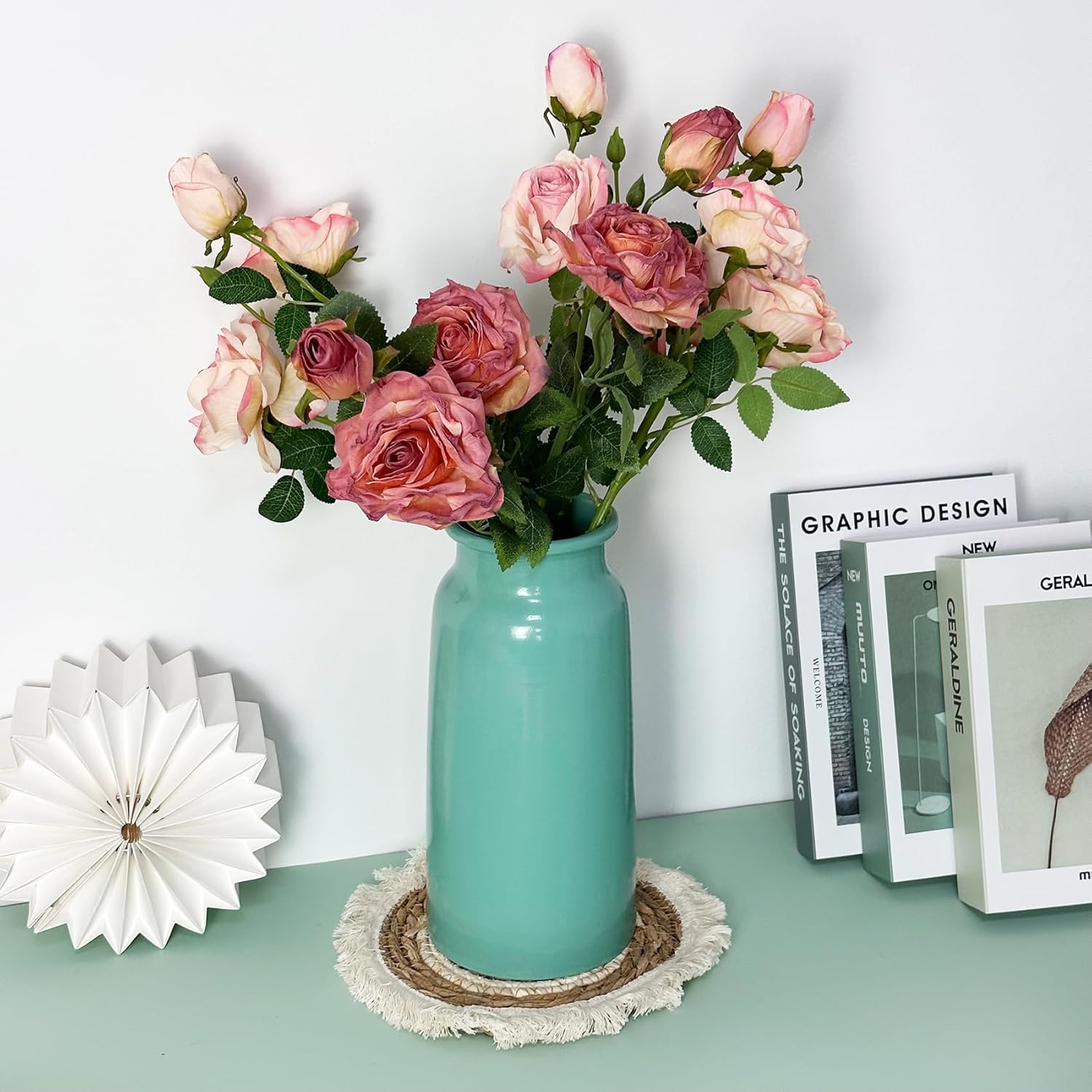 Sage Green Metal Vase Centerpieces 10.67" Tall, Eclectic Farmhouse Home Kitchen Counter Entryway Fireplace Matcha Decor Aesthetic, Dining Coffee Table Laundry Room Bar Dresser Accessories for Women