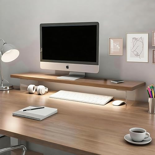 Miniatura 6 de Soporte elevador de monitor doble, soporte de madera para monitor de computadora, no requiere montaje, exquisito soporte de monitor para