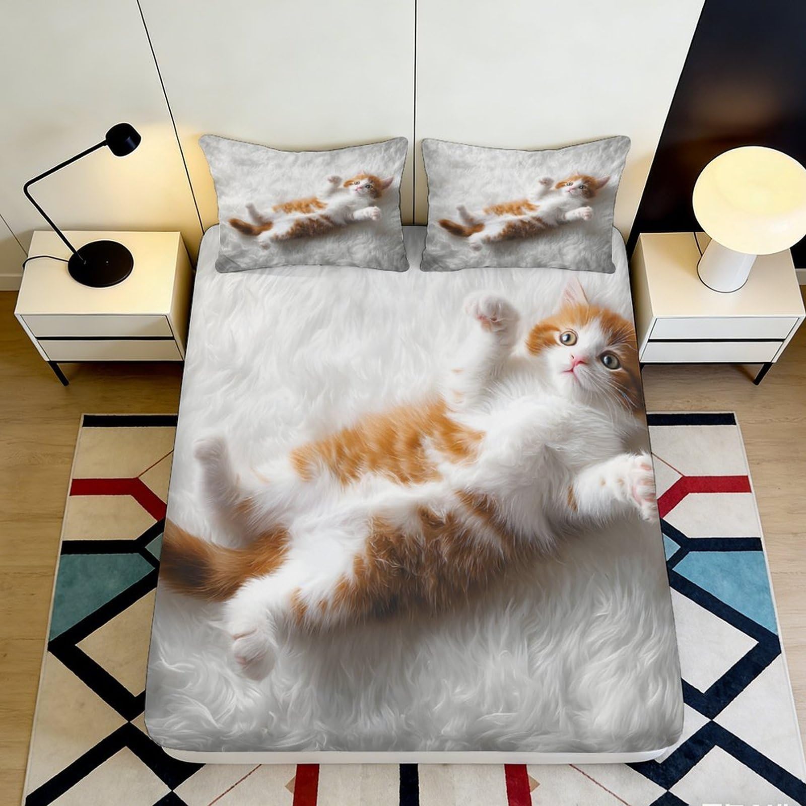 3D Printed Ginger Cat Fitted Sheet Microfiber Soft Anti-Slip Bed Sheet Fluffy Animal Mattress Cover Bedroom Decor 90x200x25cm