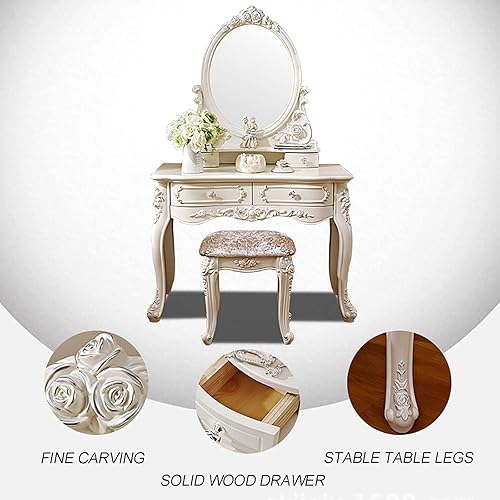 Miniatura 3 de Juego de tocador de estilo europeo con taburete 4 cajones espejo de madera mesa organizadora de almacenamiento de cosméticos para dormitorio