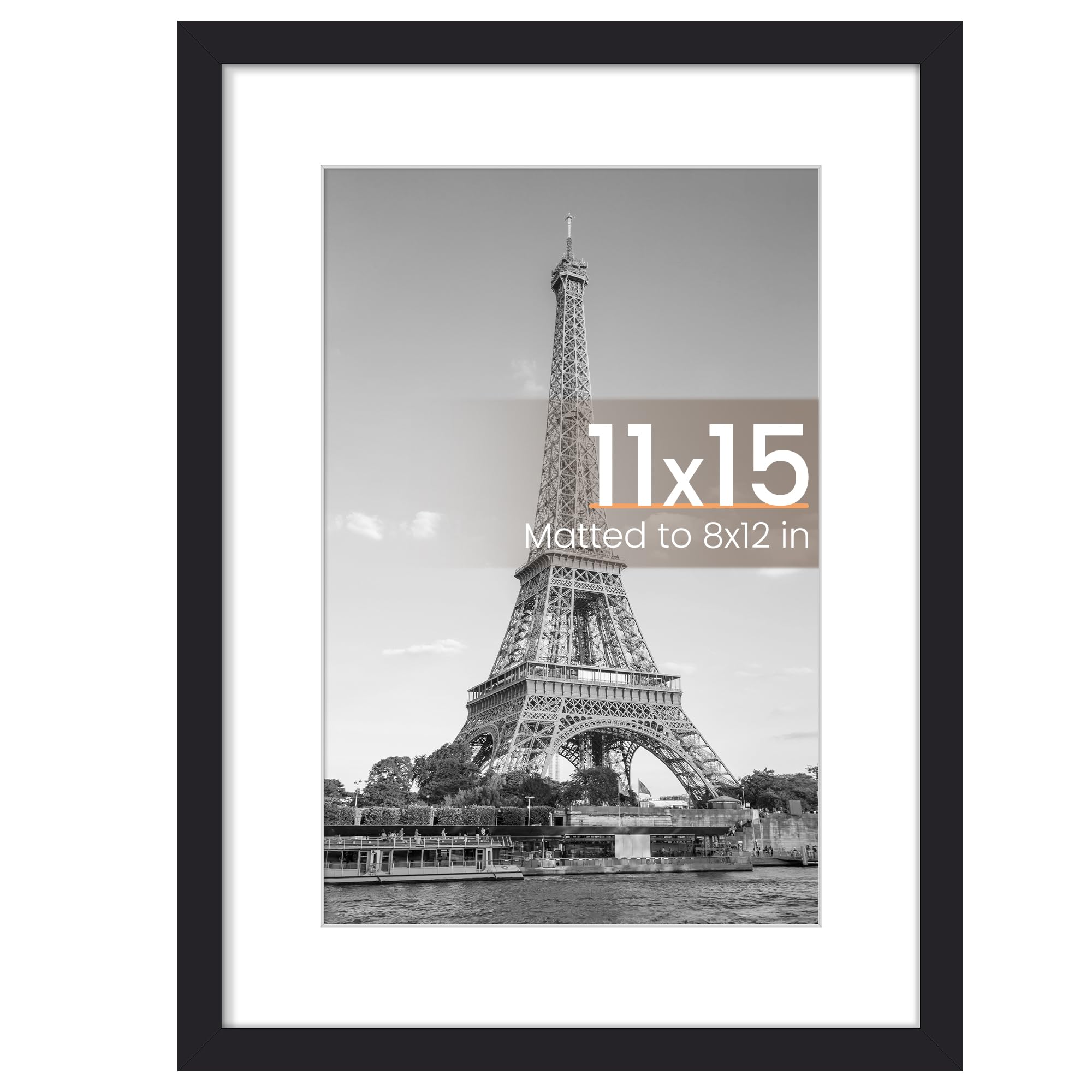 upsimples 11x15 Picture Frame, Display Pictures 8x12 with Mat or 11x15 Without, Wall Hanging Photo Frame, Black, 1 Pack