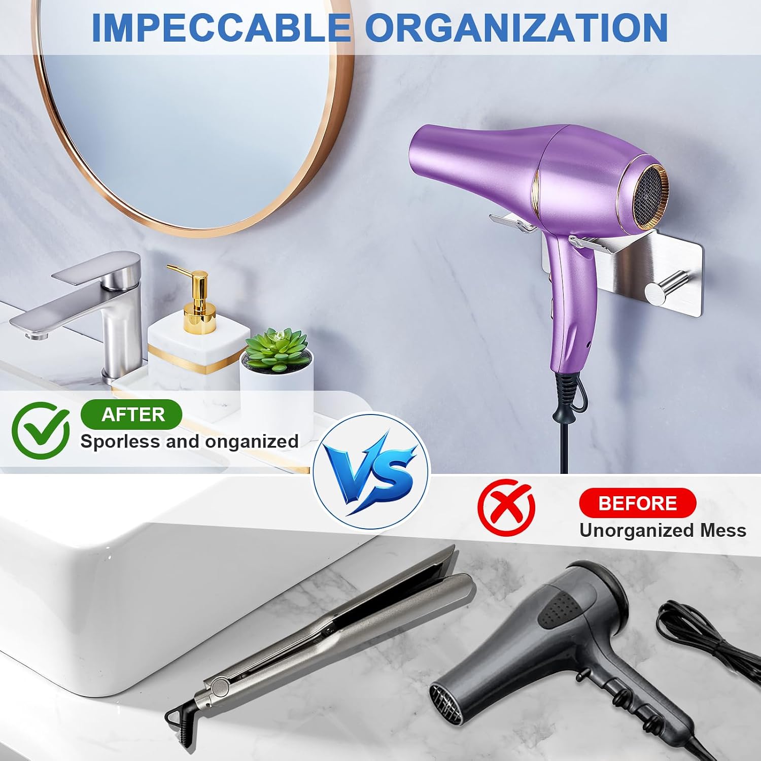 Hair Dryer Holder Wall Mounted, Blow Dryer Holder Adhesive, Metal Hairdryer Holder for Bathroom, Hair Tool Organizer with Plug&Cord for Cabinet Bathroom Bedroom Barber Shops (Sliver)