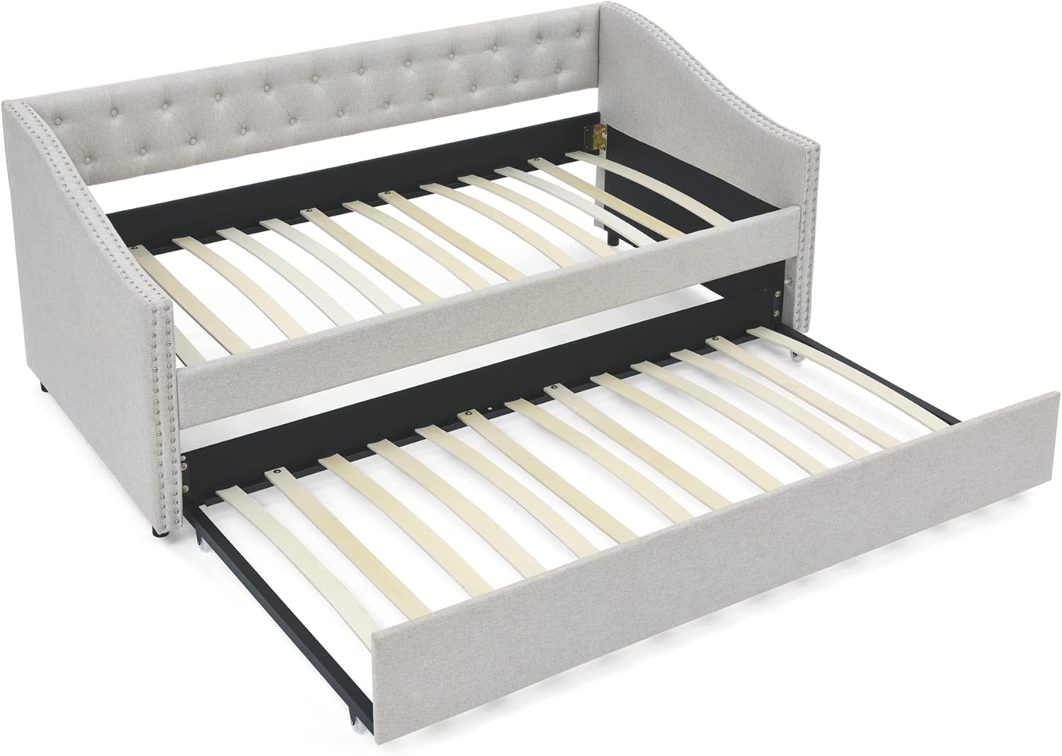 Twin Size Daybed with Twin Trundle, Upholstered Tufted Sofa Bed, Button Back & Copper Nail Trimmed Waved Arms, Beige, 80.5W x 41D x 30.5H in