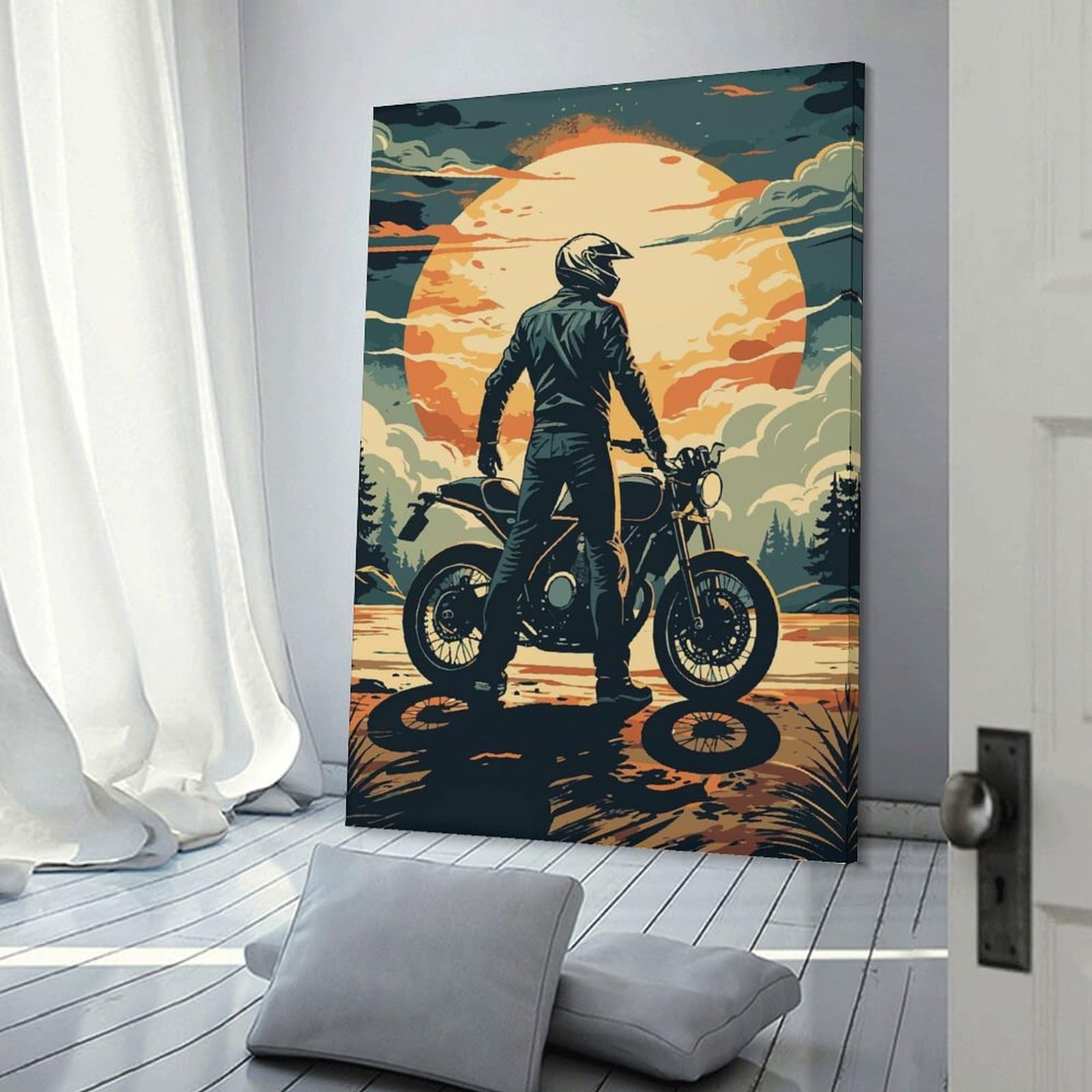 Junmoney Canvas Wall Decor Motorcycle Rider at Sunset, 12x18inch(30x45cm), for Living Room, Bedroom, Office Or Hallway, Stylish Home Artwork for Focal Walls