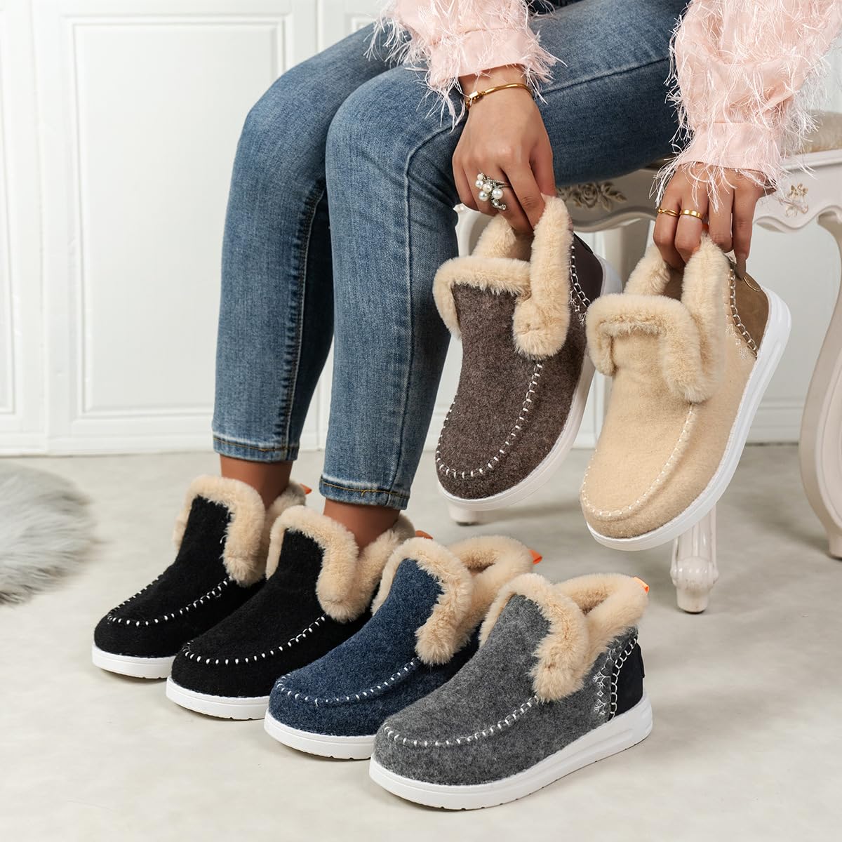 Zapatos Planos con Forro de Felpa de Invierno para Mujer, Zapatillas de Felpa Suave sin Cordones