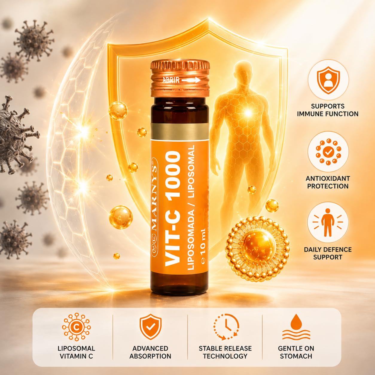MARNYS Vitamin C Liposomal 1000mg 20 Drinkable Vials, High-Absorption Liposomal Vitamin C Food Supplement for Adults, Ready-to-Drink Immune & Antioxidant Formula