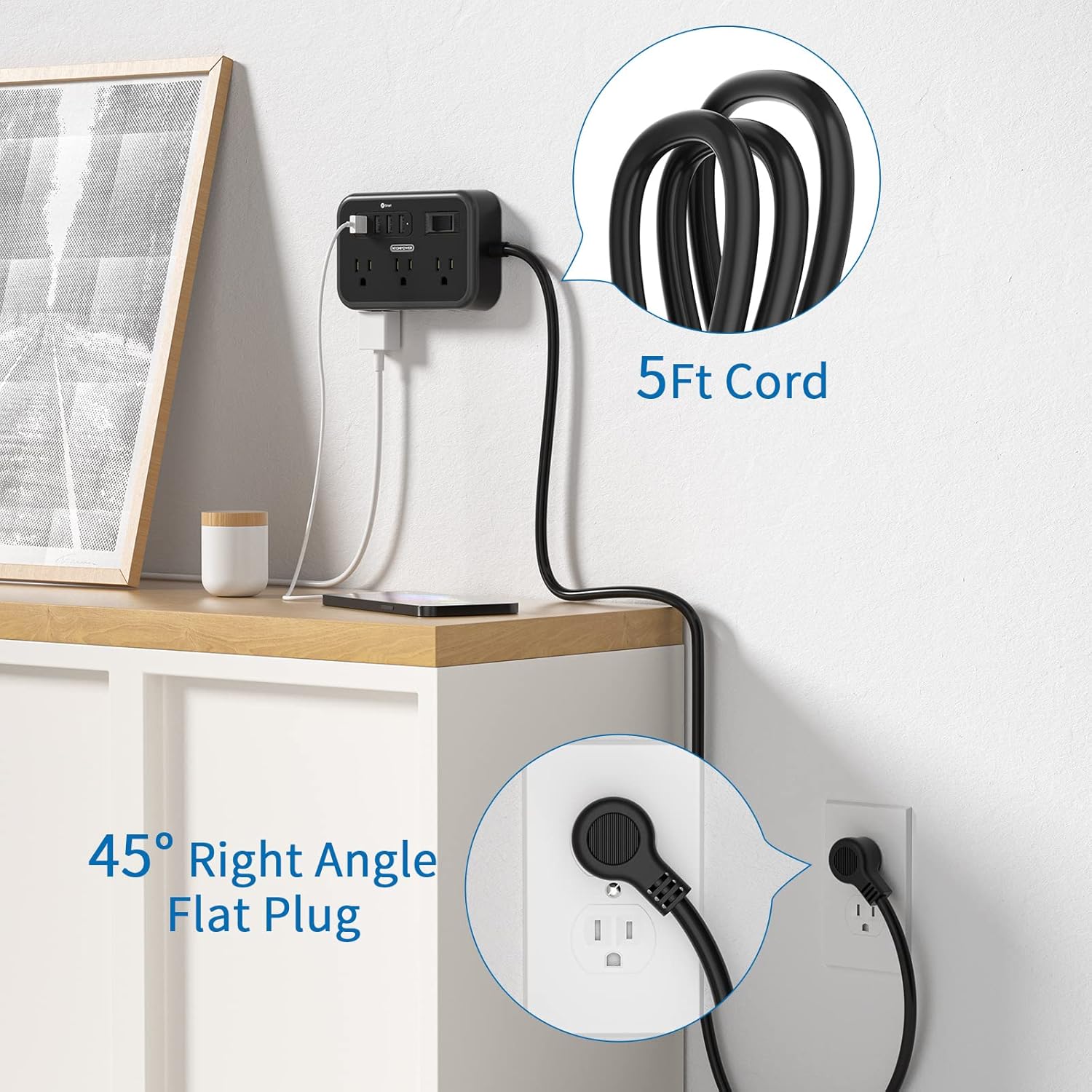 2 Pack Power Strip with 6 Outlets(2 Side) and 4 USB, NTONPOWER Flat Plug Extension Cord 5 Ft, Overload Protection, Wall Mount, Compact Size Charging Station for Office Desk, Nightstand and Travel