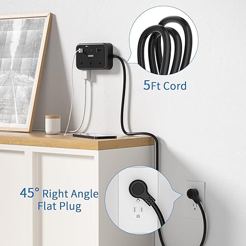 Miniatura 7 de NTONPOWER - Paquete de 2 regletas de alimentación con 6 salidas (2 lados) y 4 USB, cable de extensión de enchufe plano NTONPOWER de 5 pies,