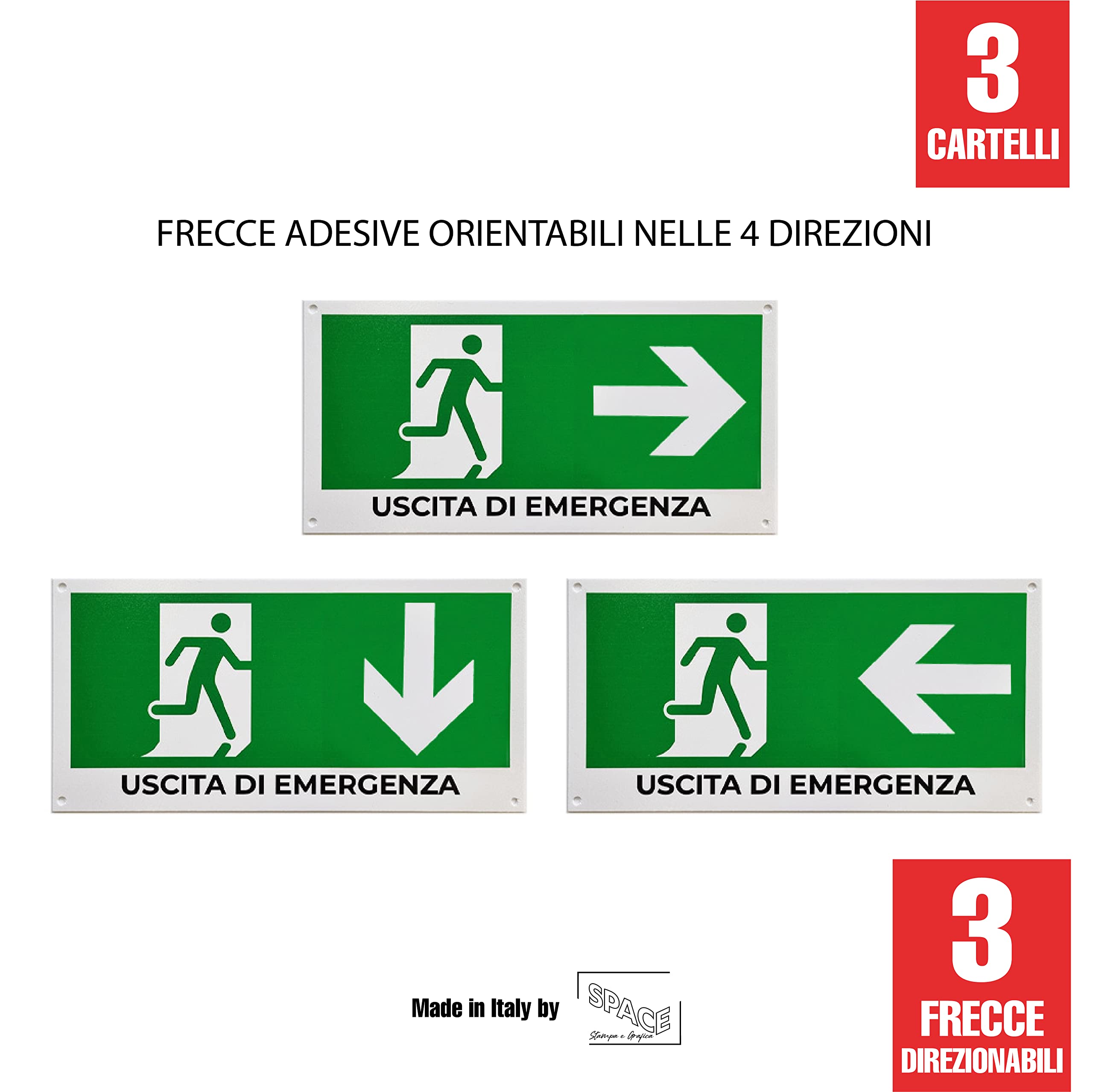 SPACE - 3 Cartelli uscita di emergenza 30 x 15cm in PVC con Frecce Direzionabili per negozio e azienda uscita di sicurezza