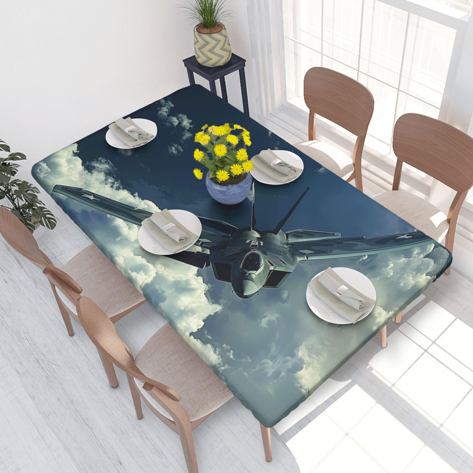 DCARSETCV Flying Airplane Printed 4FT Waterproof Tablecloth with Elastic Edged Protect & Decor Your Table, Oil-proof Washable Table Cloth Cover for Dinner Picnic Party