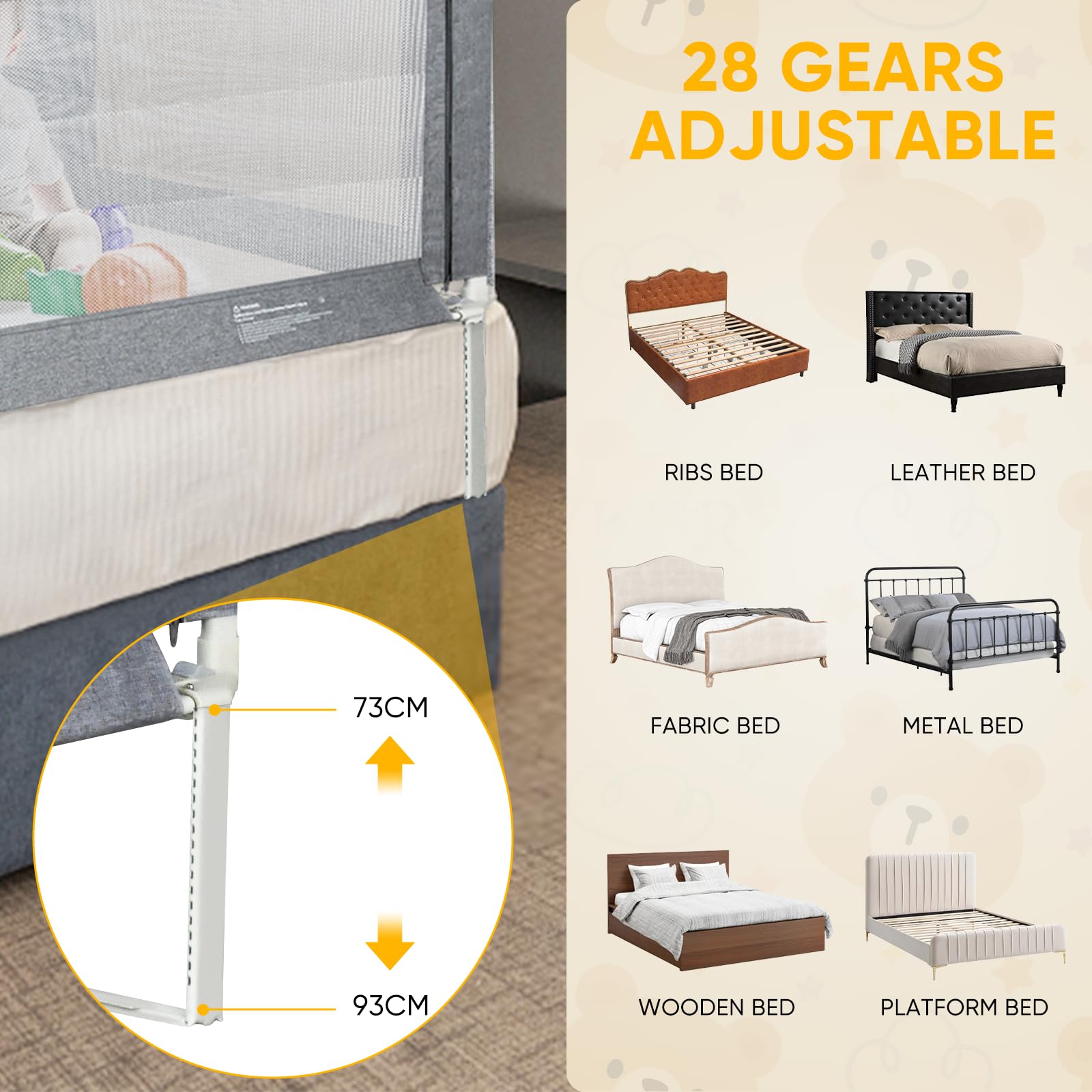 Sponde Letto Bambini，150 cm Barriera Letto Bambini，Sponda di Sicurezza per Bambini con Doppio Blocco di Sicurezza per Bambini, Altezza Regolabile，protezione da caduta，1PCS(Grigio)