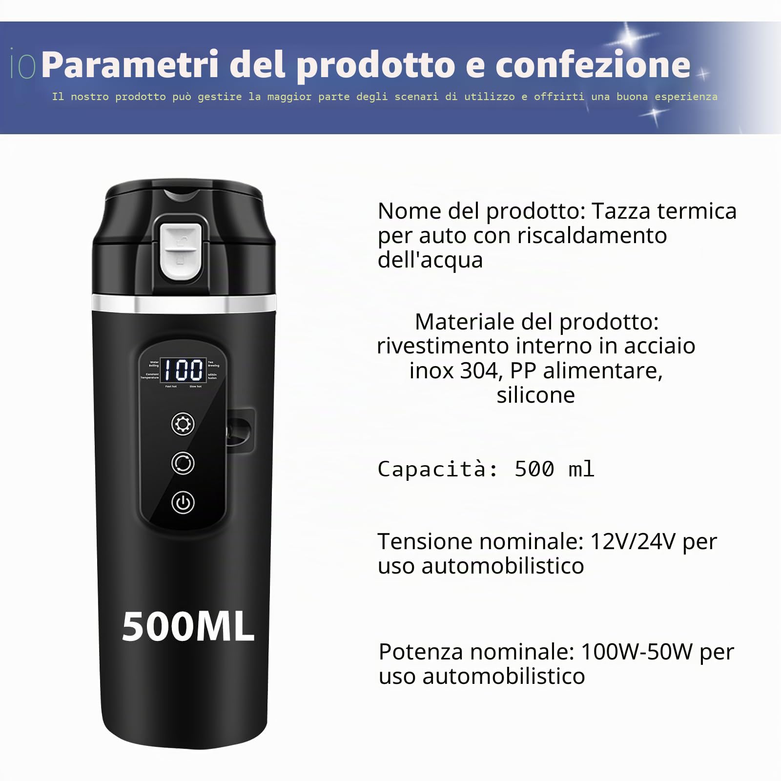 Bollitore elettrico da viaggio 12 V – 24 V per auto e camion, 500 ml in acciaio inox con accendisigari da 12 V per acqua calda e caffè