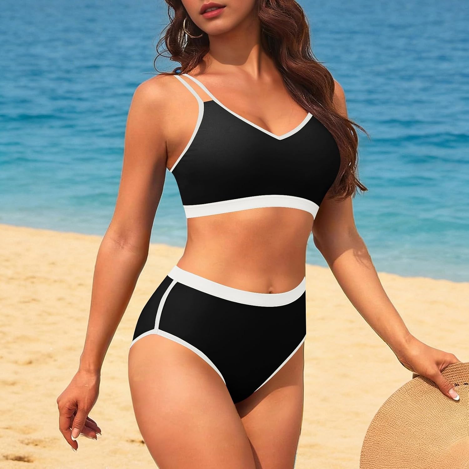 Womens Swimsuits Sporty High Waisted Bikini Sets Color Block Summer Swimwear Summer Beach Vacation Bathing Suits