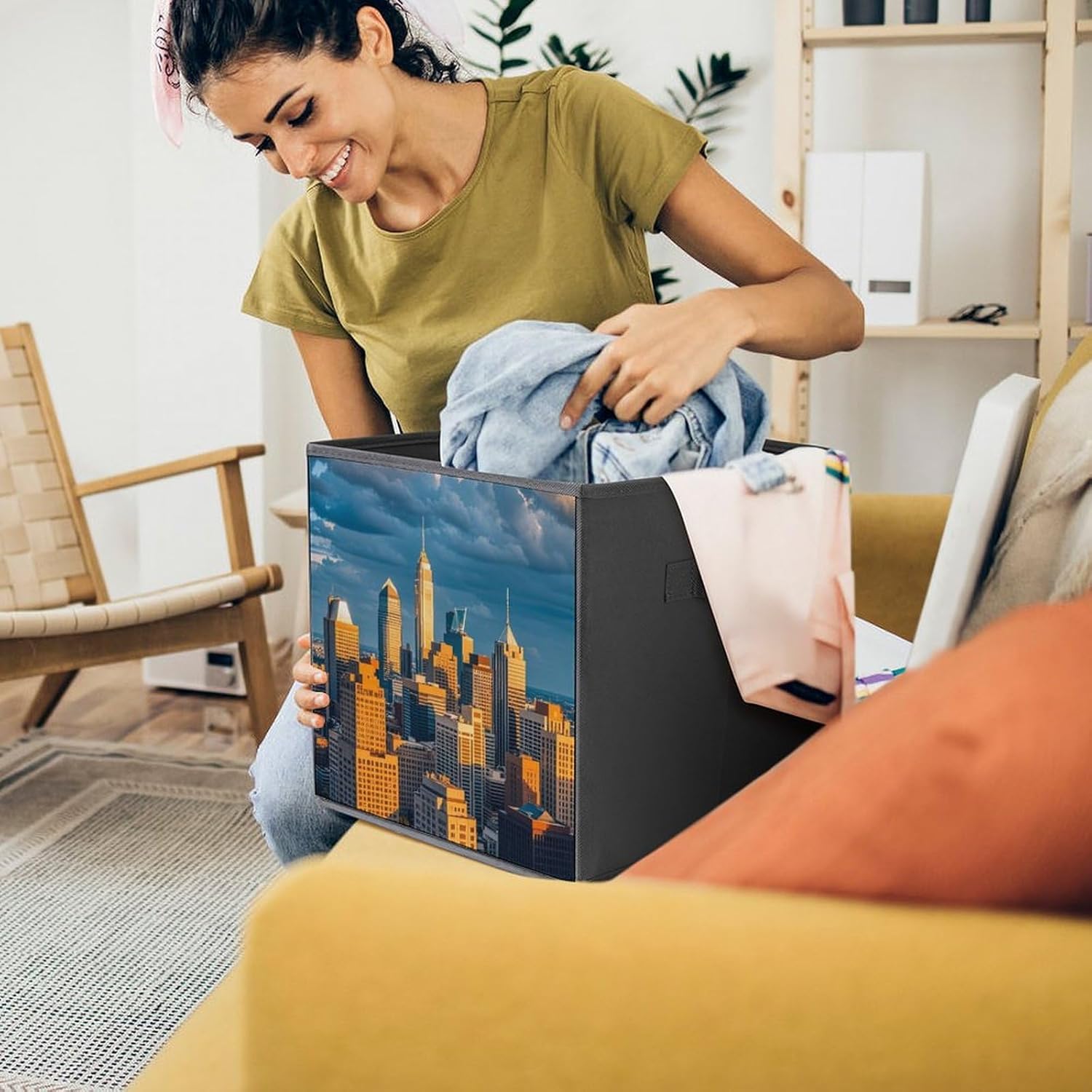 A Busy Town in The City Foldable Storage Box with Handles, Durable Oxford Storage Cubes, 2PCS Collapsible Closet Organizer for Home, Shelf, Office, Travel