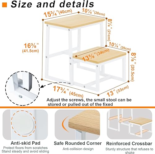 Miniatura 4 de Taburete de escalón para adultos, soporta hasta 500 libras, 3 en 1, resistente taburete de dos pasos para Kichenbañocamas altas, marco de madera y