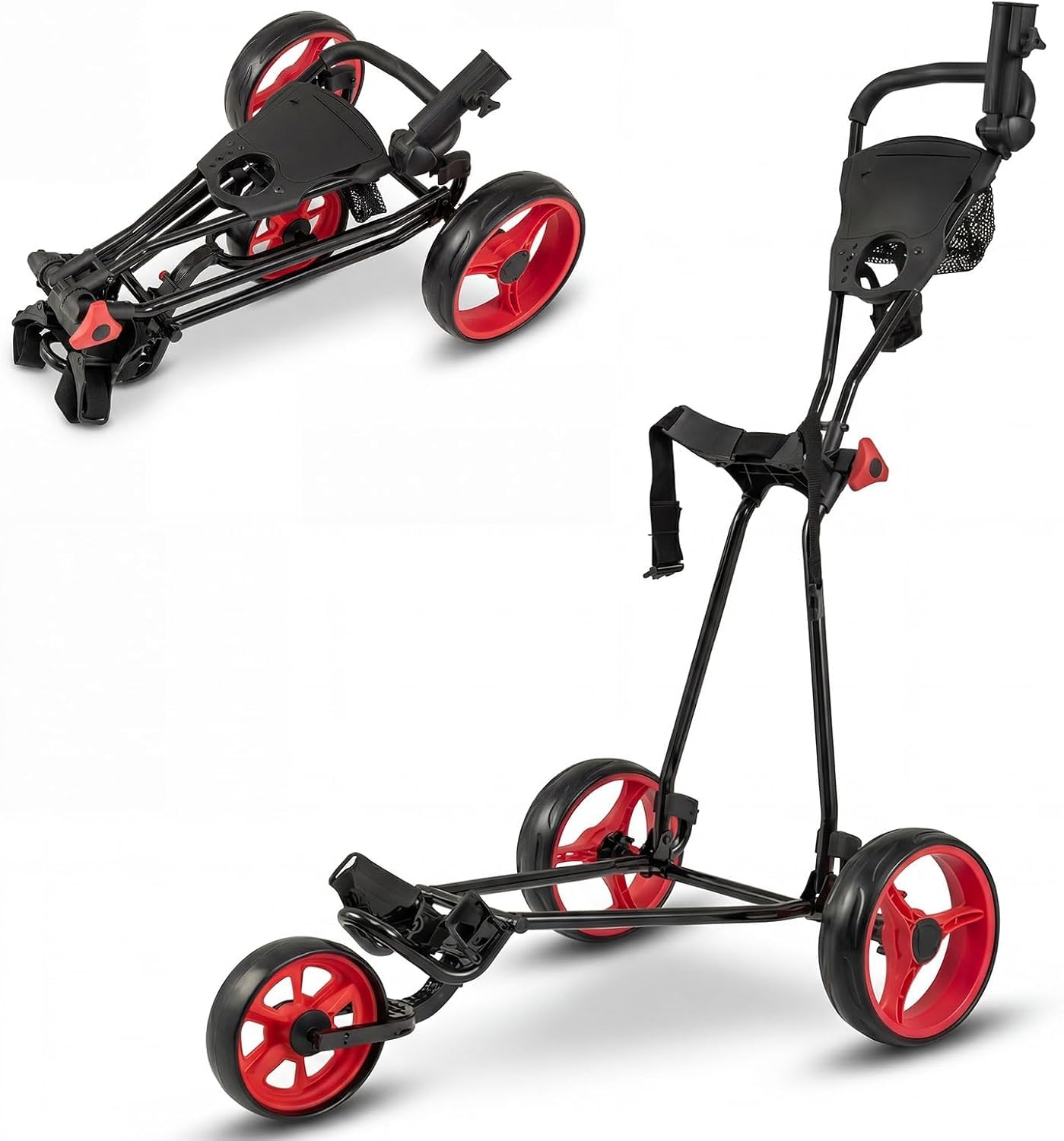 Faltbarer Golf Push Cart, Leichter 3-Rad-Golfwagen mit Fußbremse, höhenverstellbarem Griff, Getränkehalter und Aufbewahrungstasche - Robusto & Kompakt