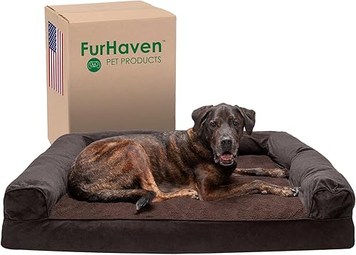 Miniatura 20 de Furhaven Cama para perro, de espuma viscoelástica, estilo sofá, Sherpa y chenilla, café, M (Piel sintética de lujo y lino) Carbón vegetal,(Piel