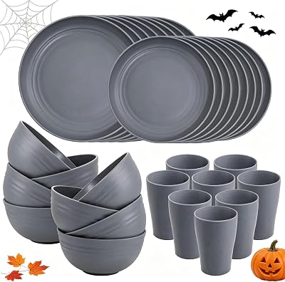 Supernal 32pcs Wheat Straw Dinnerware Sets,Unbreakable Dinnerware Sets for 8,Reusable Tableware,Straw Tableware,Dark Grey Set 16pcs Plates, 8pcs Bowls, 8pcs Cups