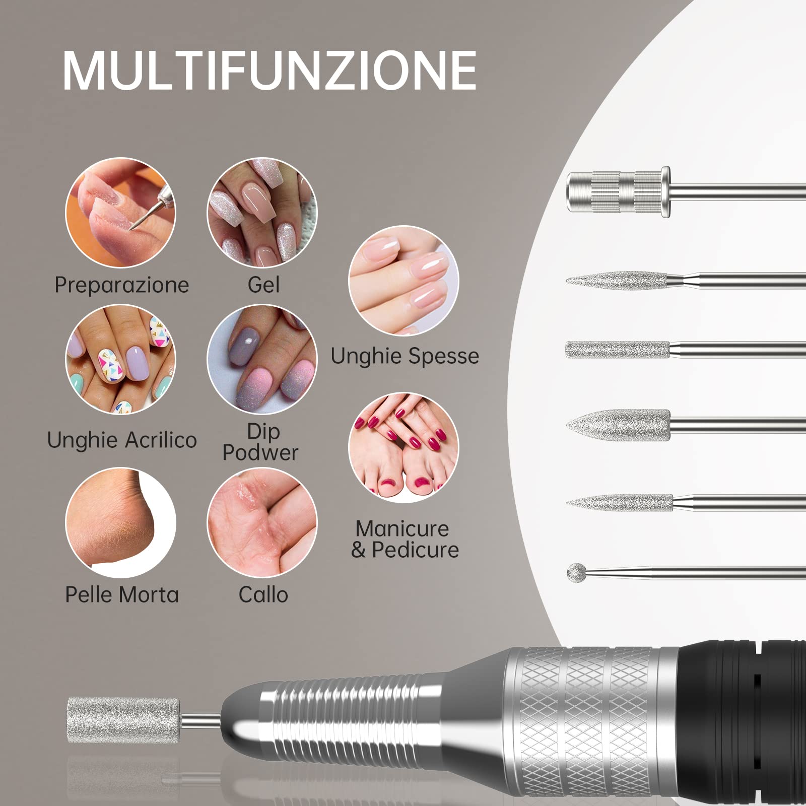 Kredioo Fresa per Unghie Professionale 35000RPM Ricaricabile, Fresa Unghie Portatile, Lima Elettrica, Manicure e Pedicure, Trapanino, Trapano Elettrico per Rimozione Gel e Smalto, Kit 6 Punte, Bianco