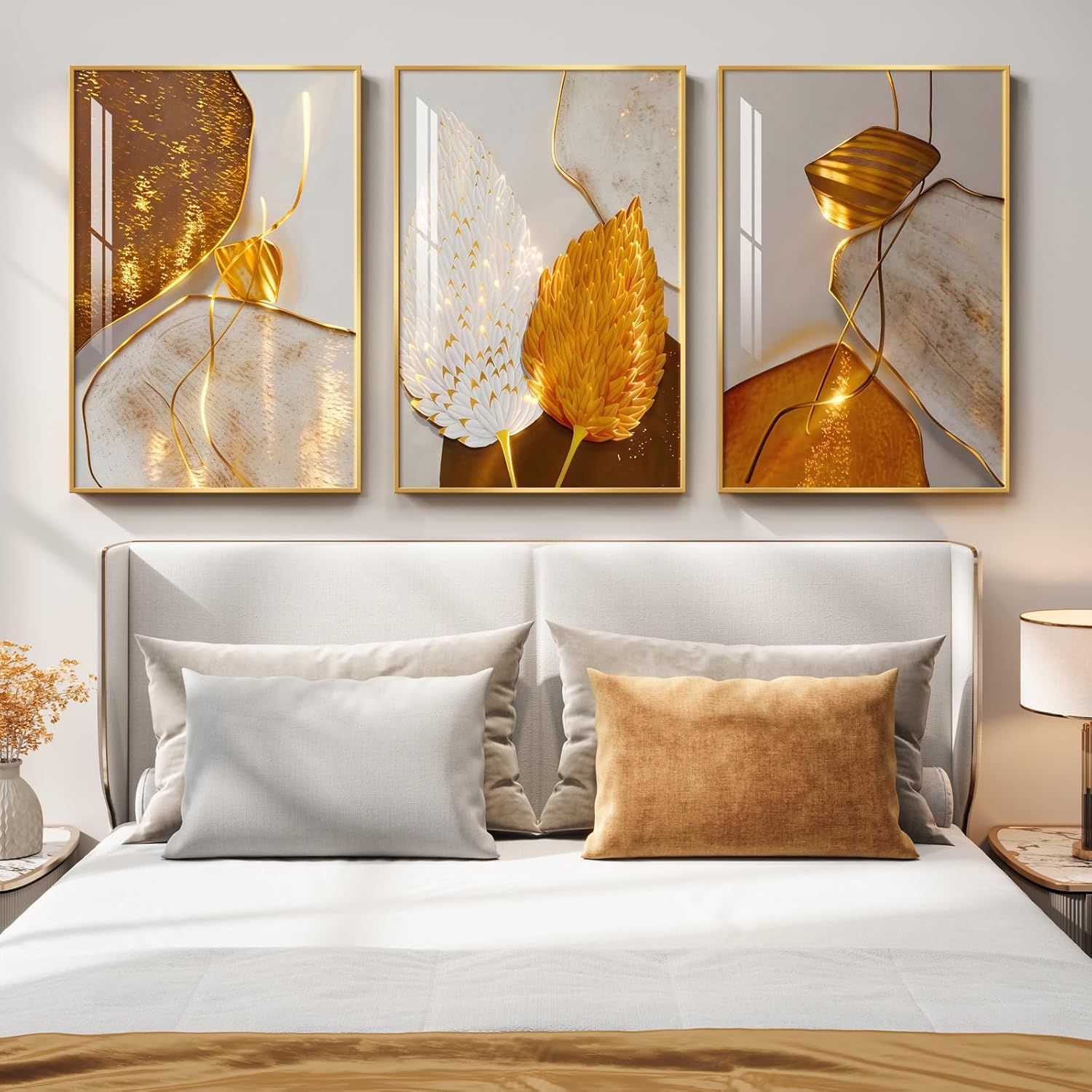 Framed Modern Luxury Wall Art for Bedroom, Large White and Gold Leaf Artwork for Living Room Walls, 3 Piece Contemporary Bright Style Abstract Prints for Office Hallway Hallway Wall Decor, 24x36 Inch 24" W x 36" H x 3Pcs 3 Piece-Gloden Leaf