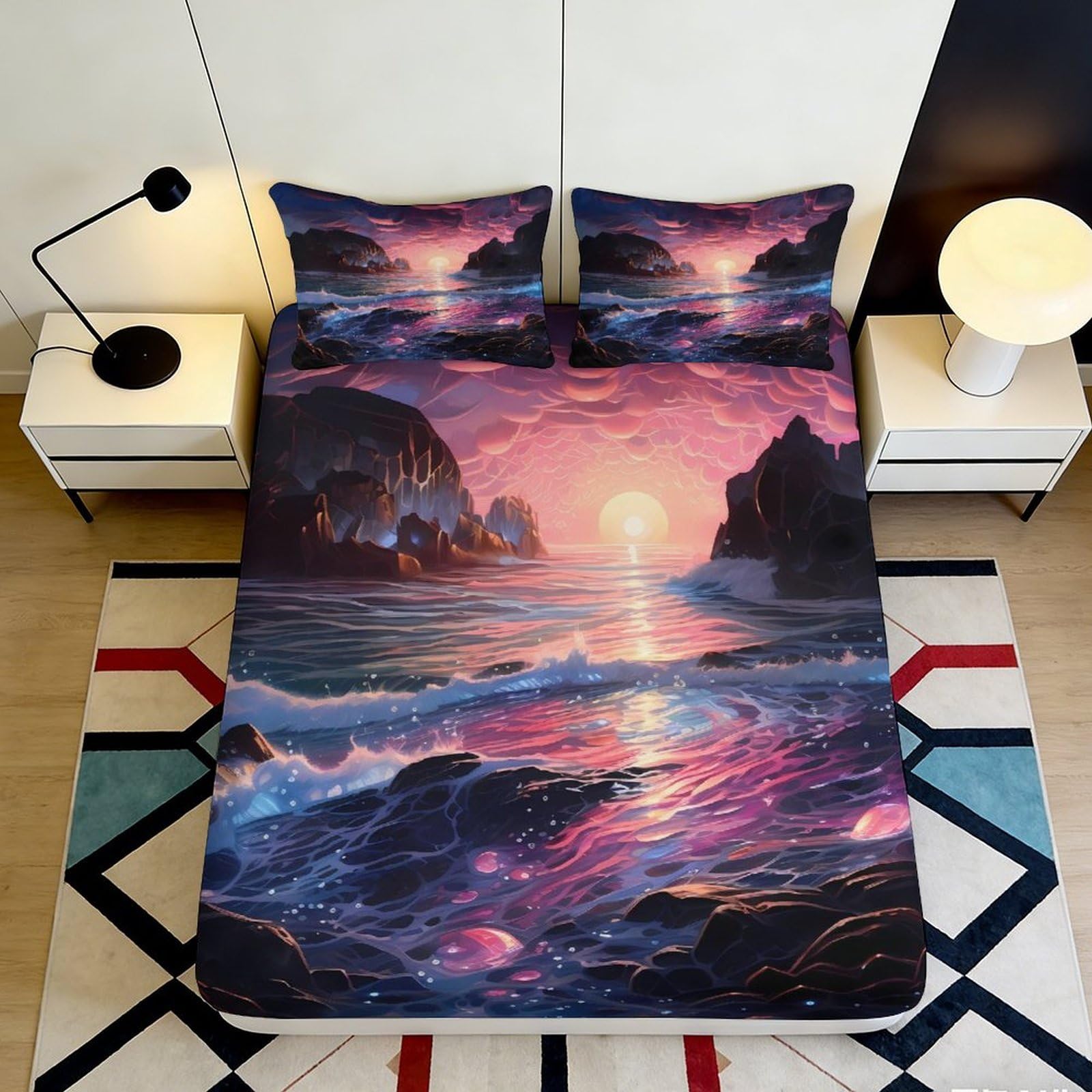 3D Printed Sunset Seascape Fitted Sheet Microfiber Soft Ocean Cliff Mattress Cover for Bedroom Guest Room Decor 90x200x25cm
