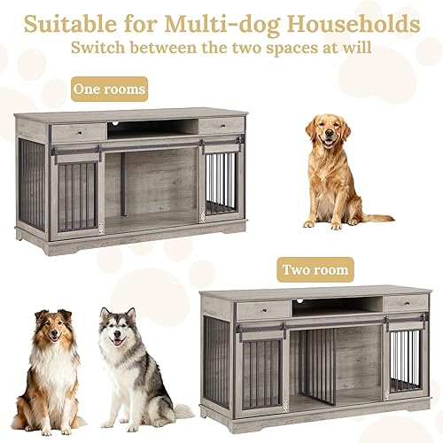 Miniatura 3 de Rovibek Muebles de jaula doble para perros de 66 pulgadas, jaula decorativa 2 en 1 para 2 perros con cajón y divisor extraíble, mesa auxiliar para