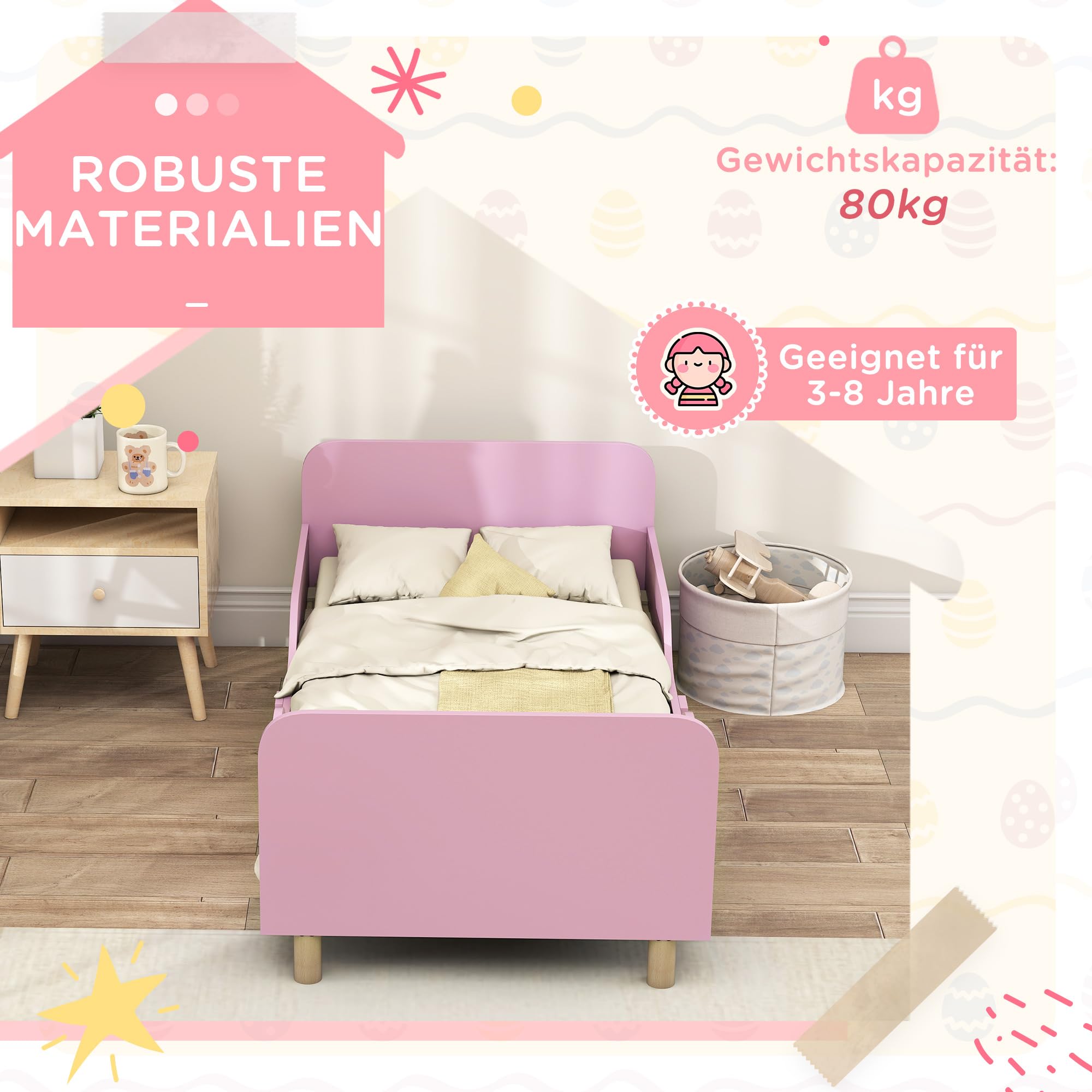 AIYAPLAY Kinderbett mit Rausfallschutz, Lattenrost, 140 x 70 cm Jugendbett mit Kopf- und Fußteil, Einzelbett aus Holz, Holzbett für Mädchen und Jungen, Rosa | mit Rausfallschutz