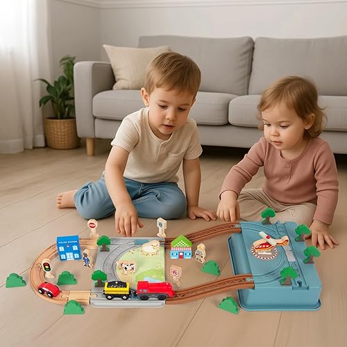 Miniatura 5 de Juego de tren de madera para niños pequeños, 40 piezas con pistas de madera para Thomas, se adapta a Brio, se adapta a Chuggington, se adapta a