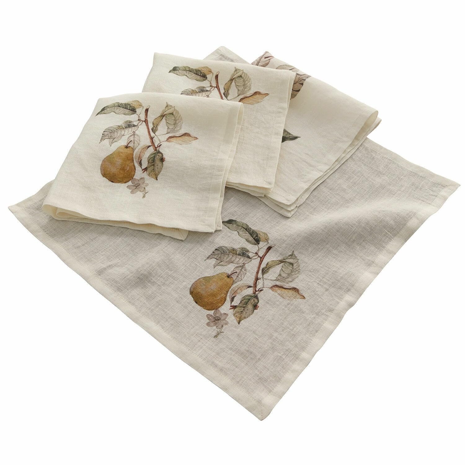 LOBERON Serviette 4er Set Tupisa, zarter Birnen-Print, Landhaus-Stil, wiederverwendbar, Tischdeko, Tischwäsche, Leinen, Offwhite
