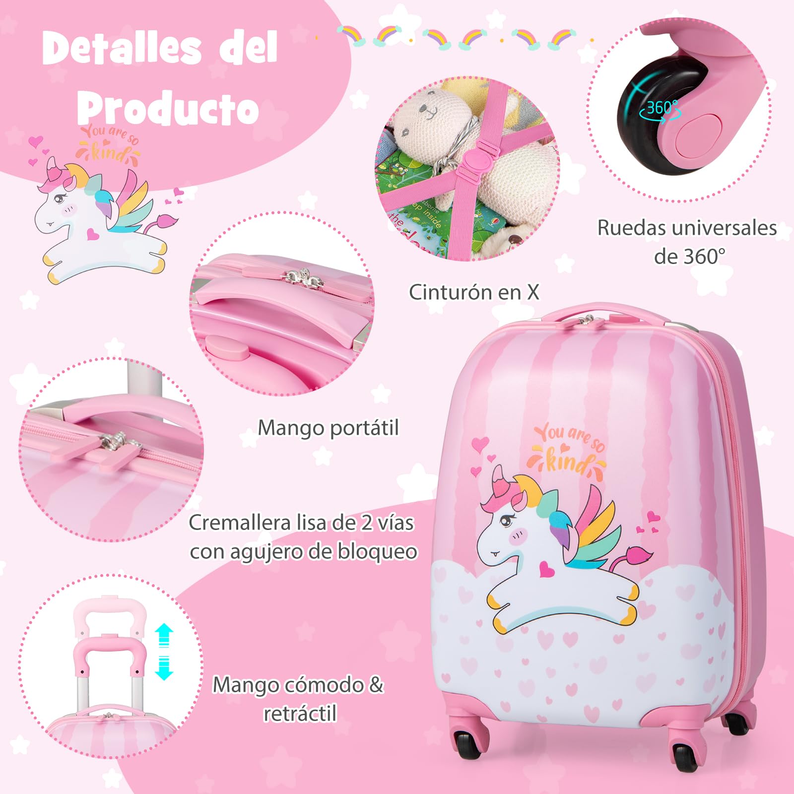 COSTWAY Maleta Infantil Niños, Equipaje de Viaje con Mochila, Equipaje Infantil con Ruedas Universales y Mango Ajustable, Juego de Mochila y Maleta Cabina Trolley (Patrón Unicornio)