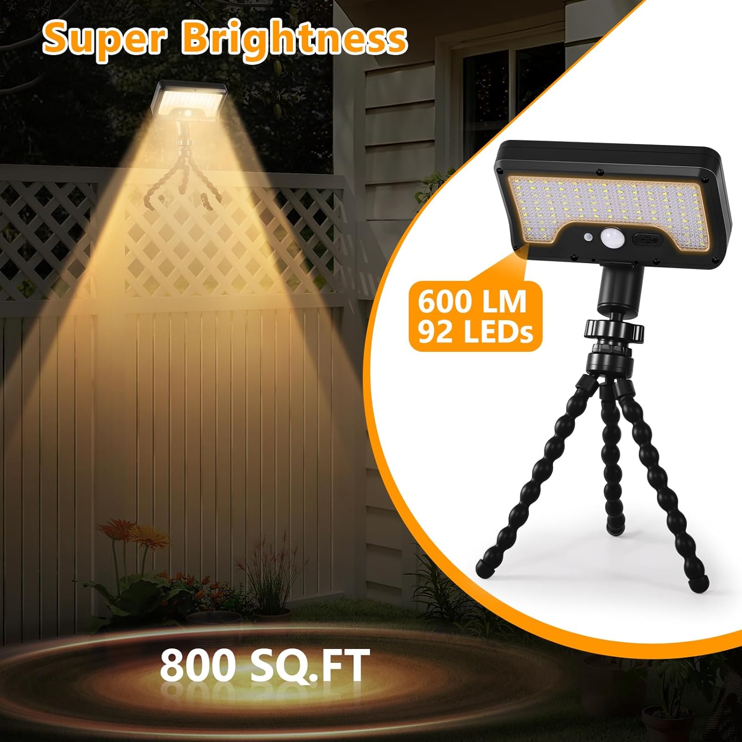 Solar Motion Lights Outdoor with Flexible Octopus Tripod, USB & Solar Powered Motion Sensor Lights with 92 LEDs, IP65 Waterproof Motion Activated Light for Fence, Camping (2 Pack, Warm Yellow)