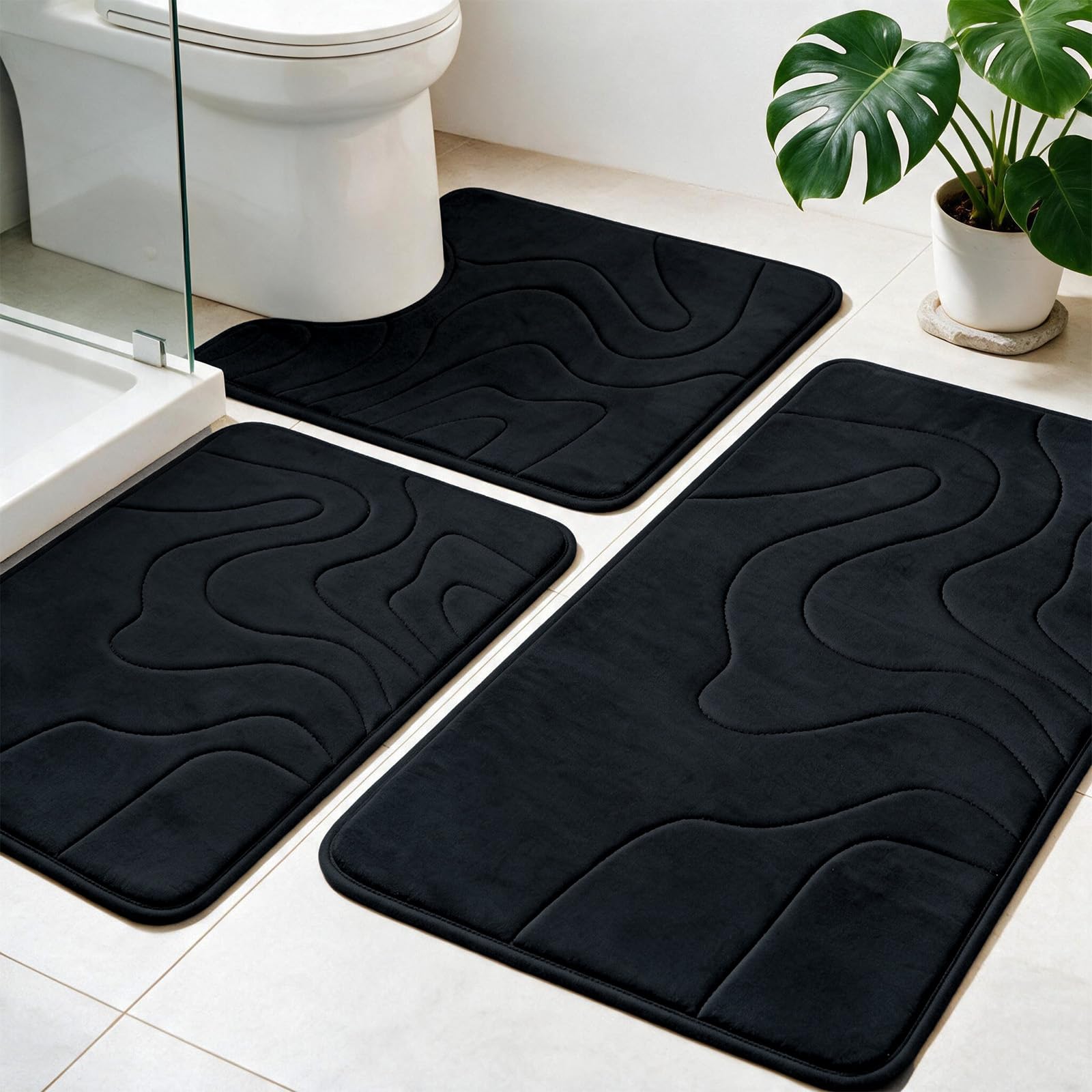 Famibay Bath Mat Sets 3 Piece Non Slip Memory Foam Bathroom Mat Black Absorbent Soft Machine Washable Toilet Mat for Bathroom Shower Floor
