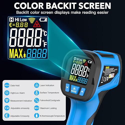 Miniatura 2 de Pistola de temperatura de termómetro láser digital sin contacto con sonda de termopar para industrial, cocina, plancha, motor, HVAC, emisividad