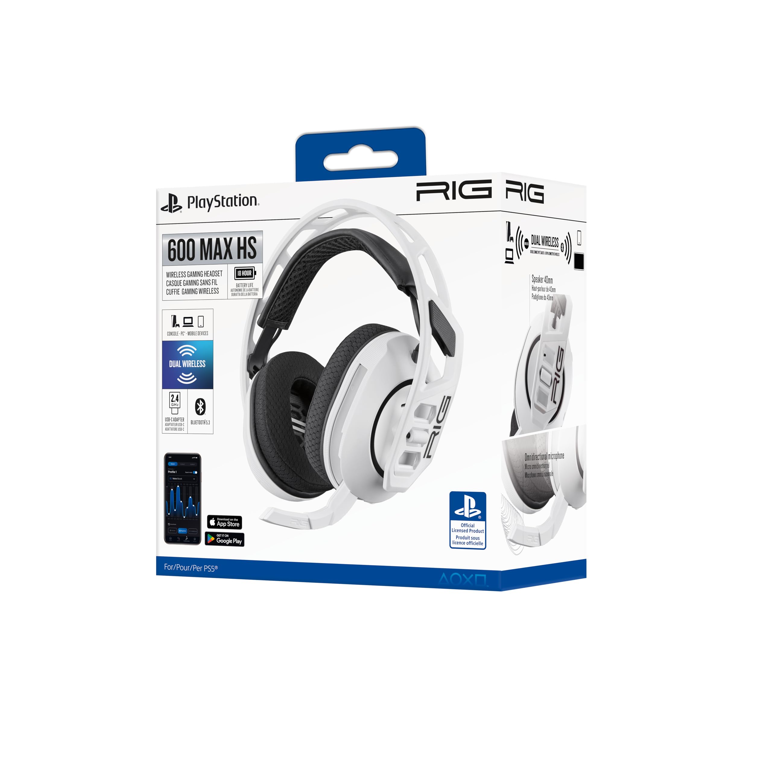 Casque RIG 600 Max HS,Officiel PlayStation PS5, stéréo sans Fil, pour PS5, Compatible PS4, PC et Mobiles. Double Connexion sans Fil: RF et Bluetooth permettant Une Reception Console et Smartphone