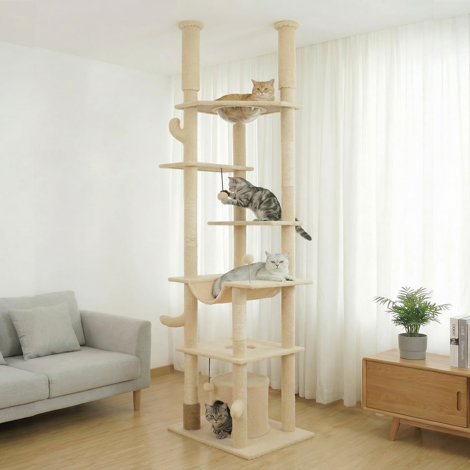 Footstep キャットタワー 猫タワー 突っ張り スリム 省スペース 据え置きタイプ 大型猫対応 多頭飼い 極太支柱 麻紐爪とぎ 宇宙船ハンモック付き ねこハウス ボンボン 組み立て簡単 据え置きタイプ 運動不足解消 高さ調整可能 235-260cm 日本語説明書付き (ベージュ, ゲート式)